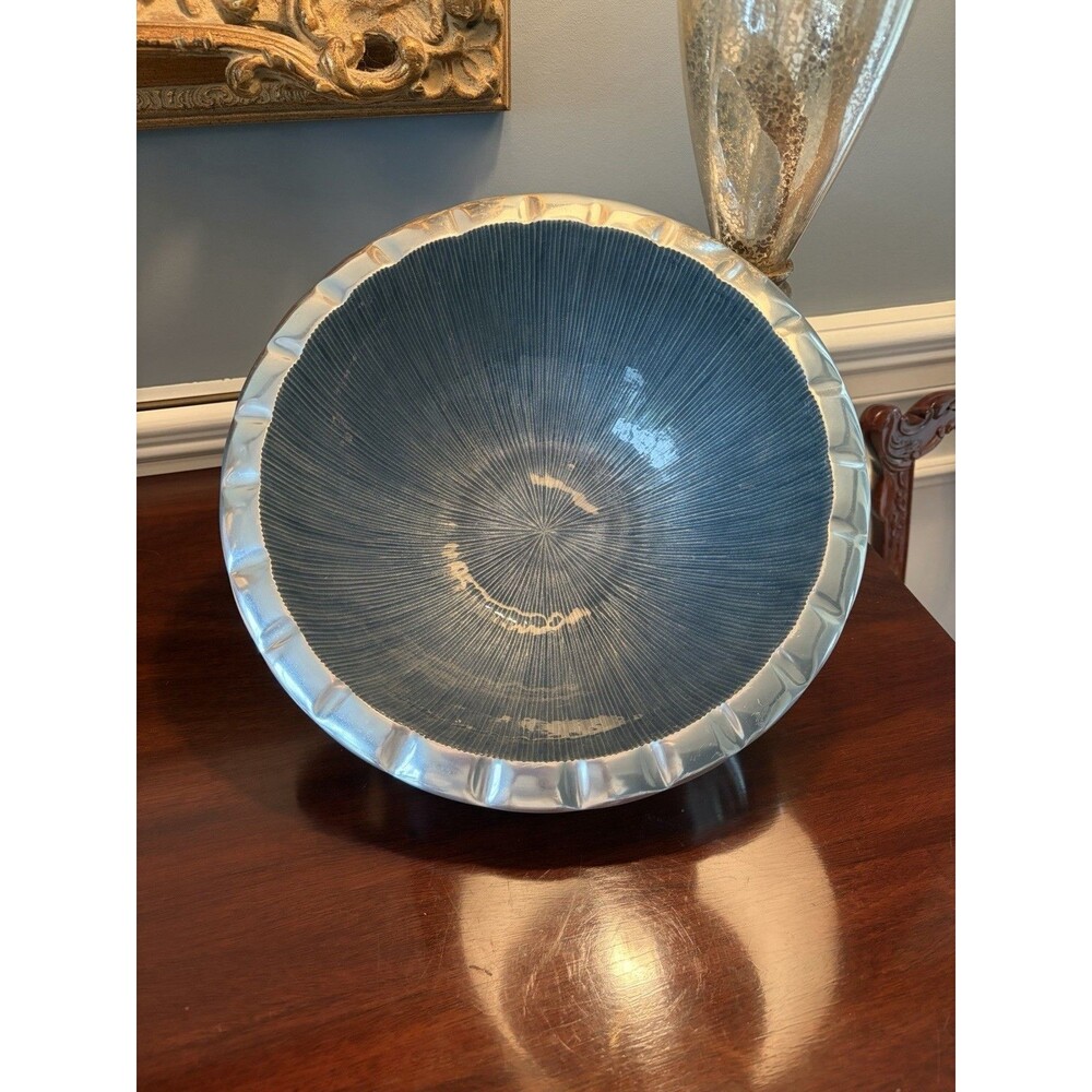 Simply Designs Blue Enamel and Silver Aluminum Large Bowl Centerpiece 12"